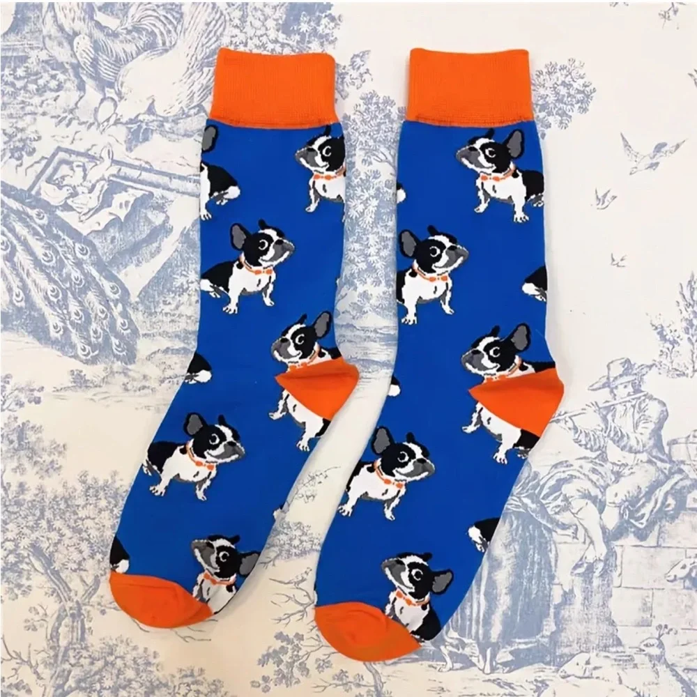 Blue and Orange French Bulldog Pattern Socks